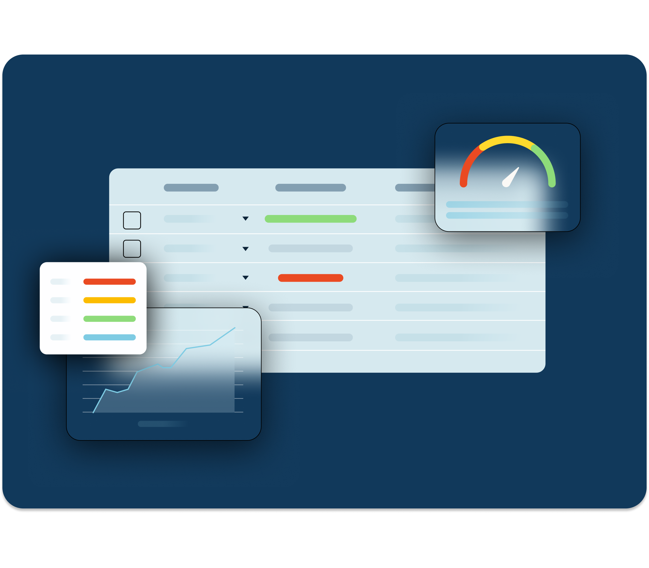 Abstract screens of the commercial banking UI and data overlap each other over a dark navy background. 