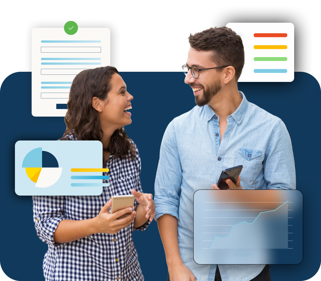 A man and a woman holding phones with data surrounding them smile at each other. 