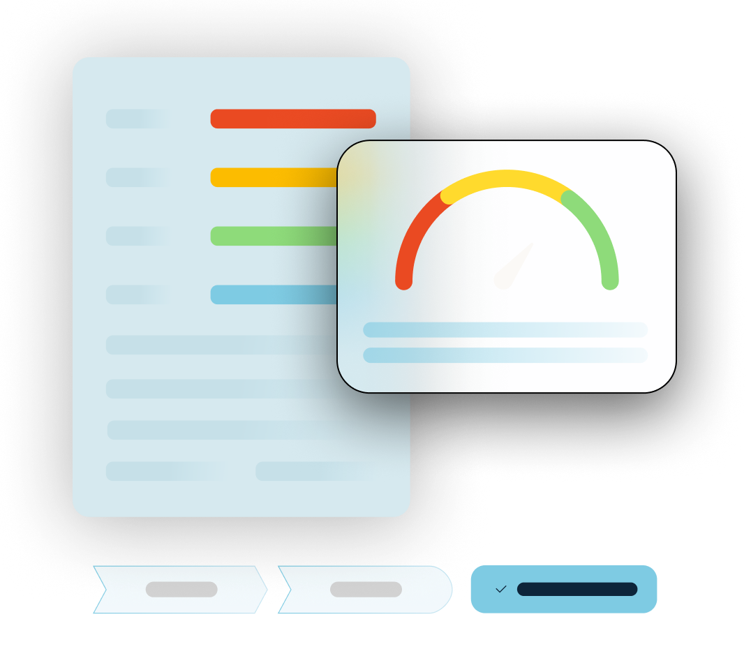 Two colorful, abstract charts float above a progress tracking bar over a transparent background. 