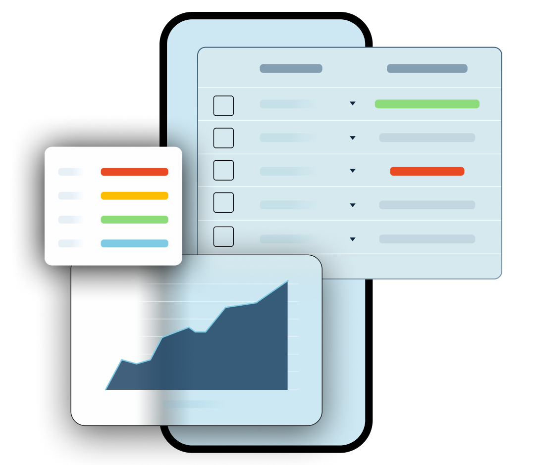 An abstract mobile phone appears with overlapping data screens with different spreadsheets and graphs. 