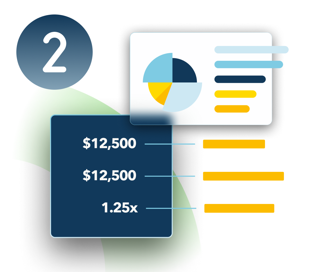 A illustration of colorful pie graphs and analytical numbers next to the number two in a navy circle.