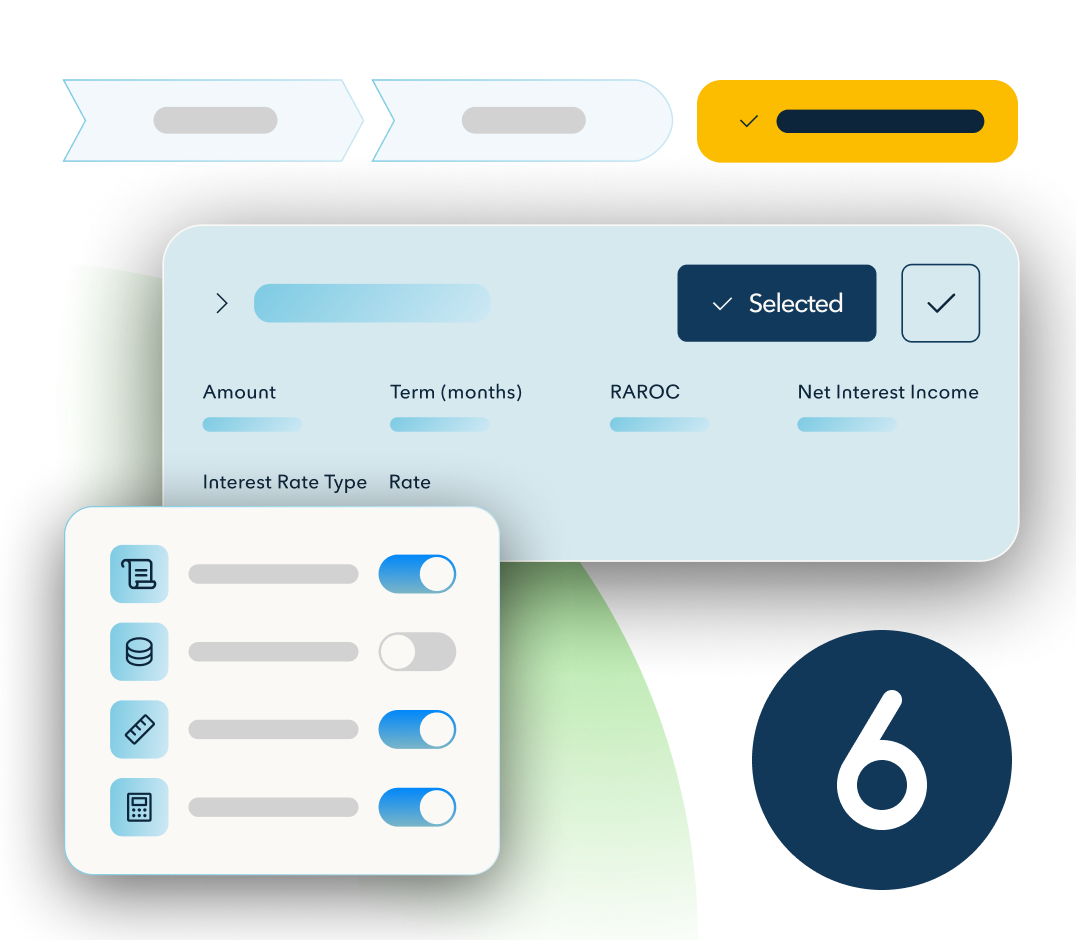 A yellow, horizontal checklist floats about a floating nCino interface and list of toggle features. The number six sits in a navy circle. 