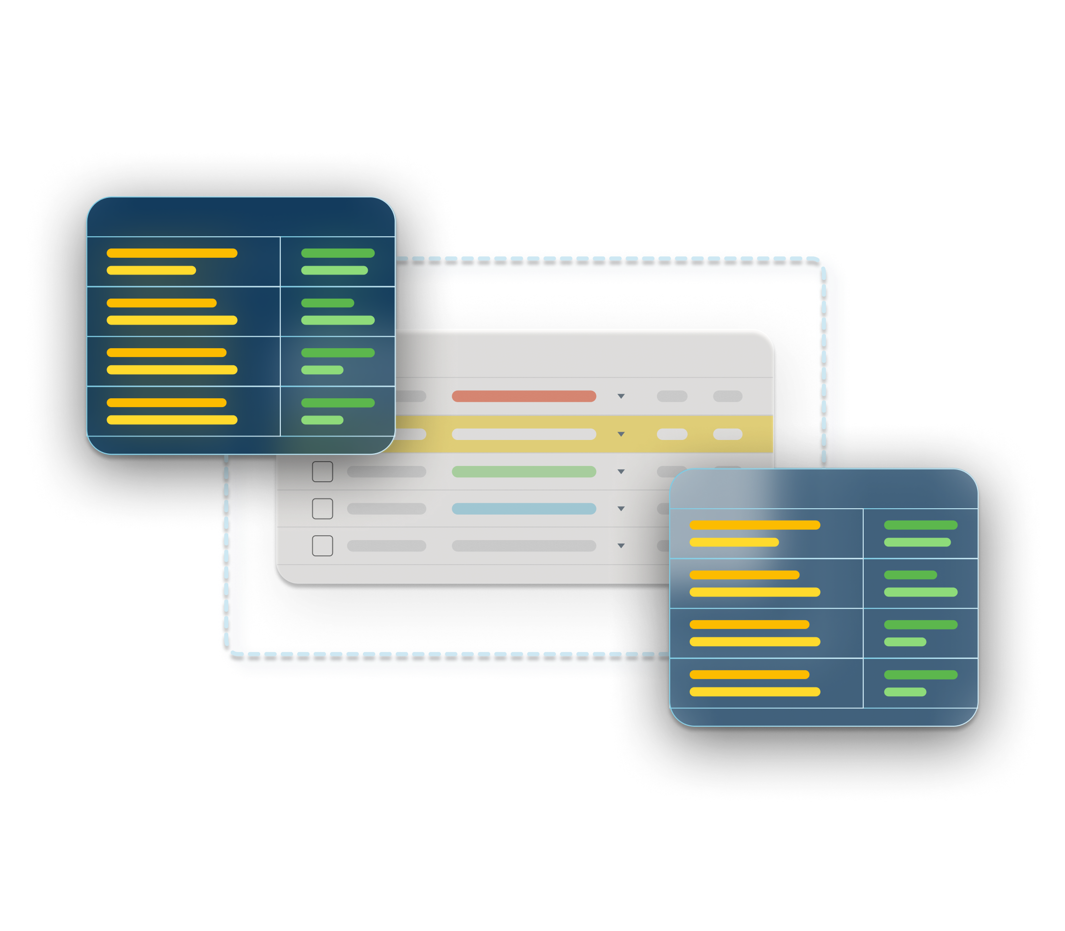 Abstract dialog boxes that contain green and yellow data overlap a spreadsheet surrounded by a dotted line. 