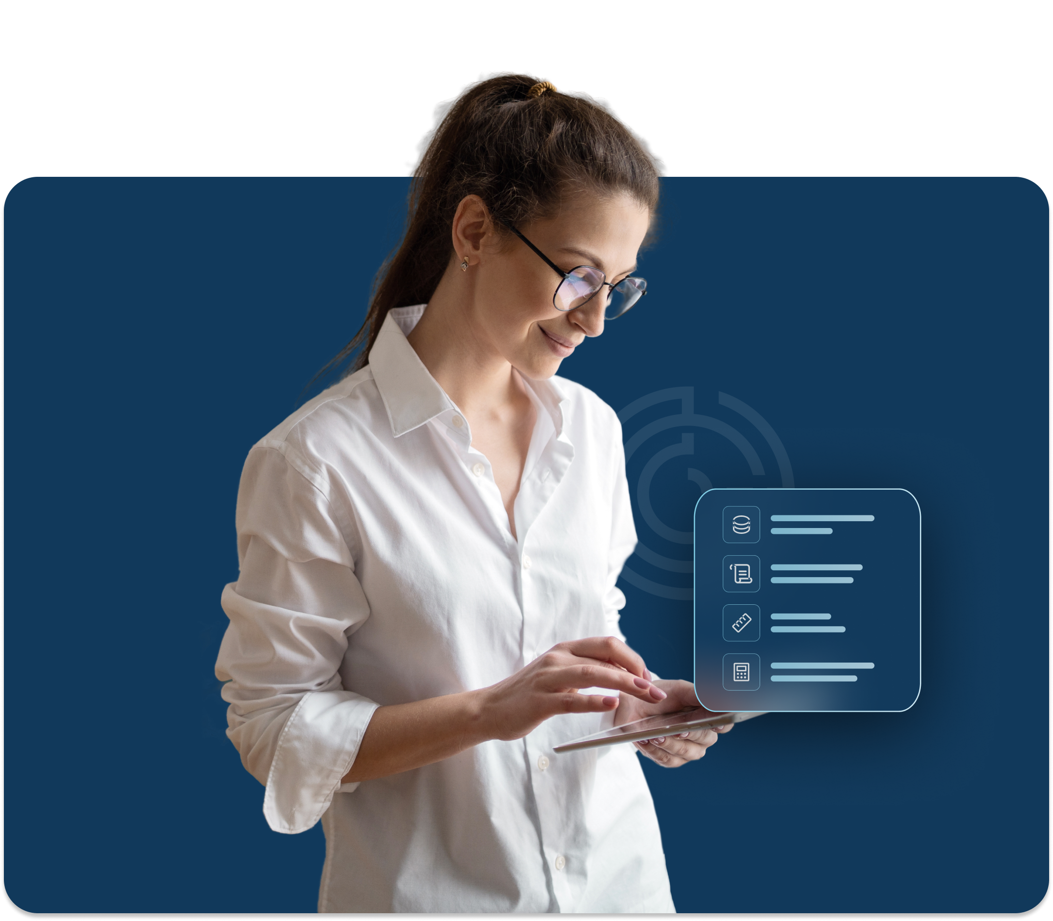 A professional woman in a white collared shirt and glasses reviews data on a mobile device with an abstracted list appears above her device.