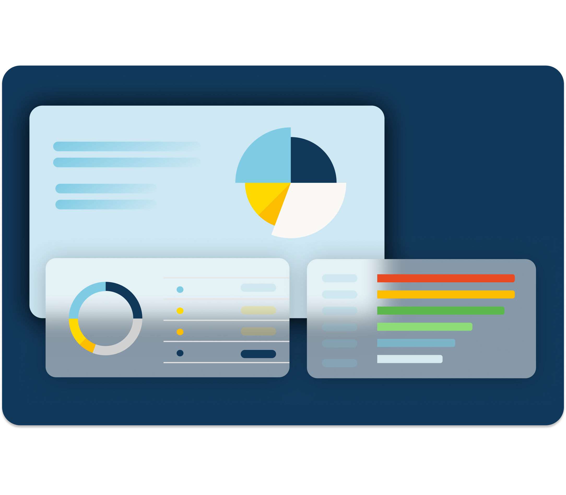 Pricing and profit data screens hover near each other with colorful graphs over a dark navy background. 