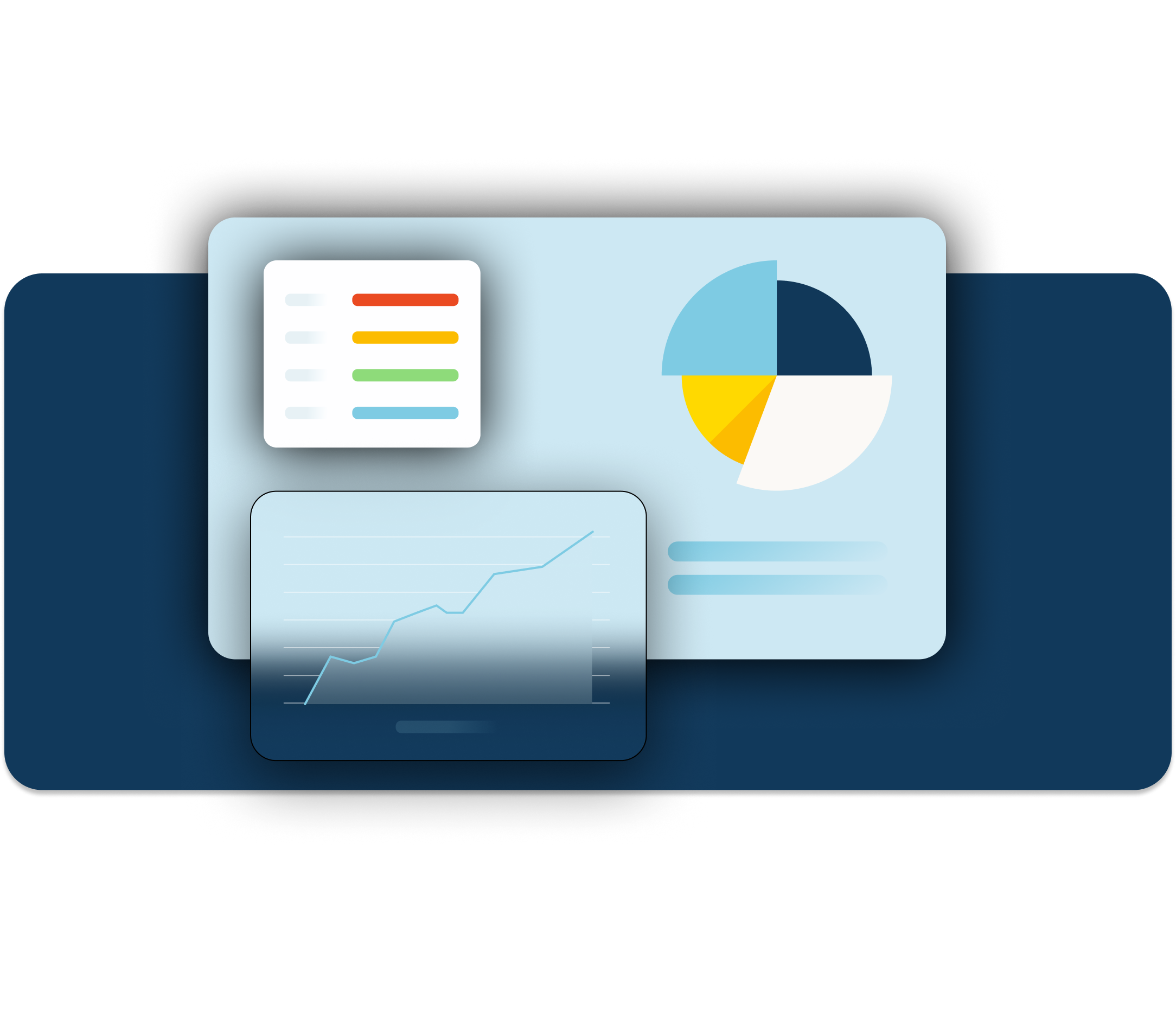 An abstract software dialog box shows data through graphs and a colorful list over a dark navy background. 