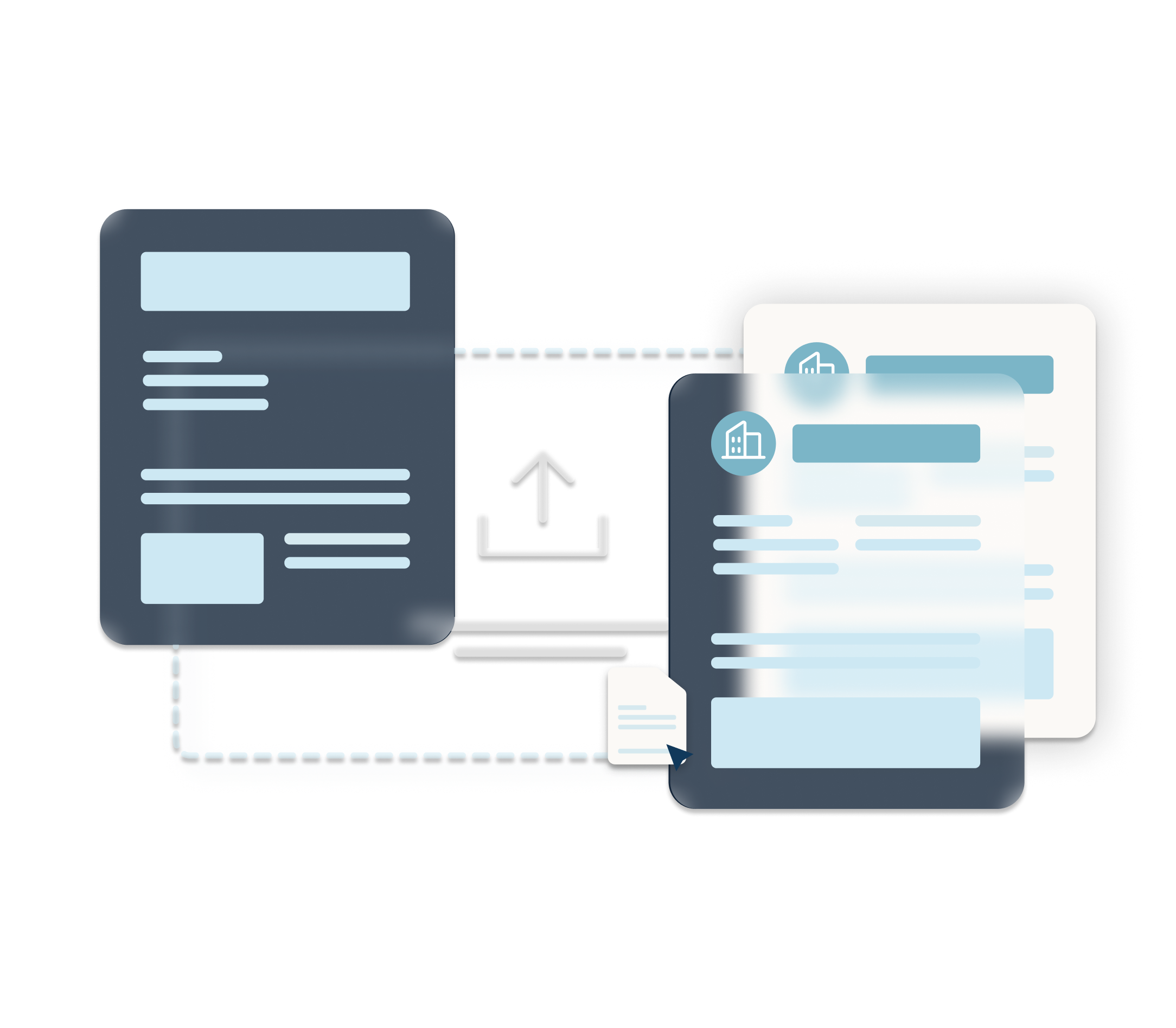 Abstract screens that represent document management overlap each other near a document upload symbol. 