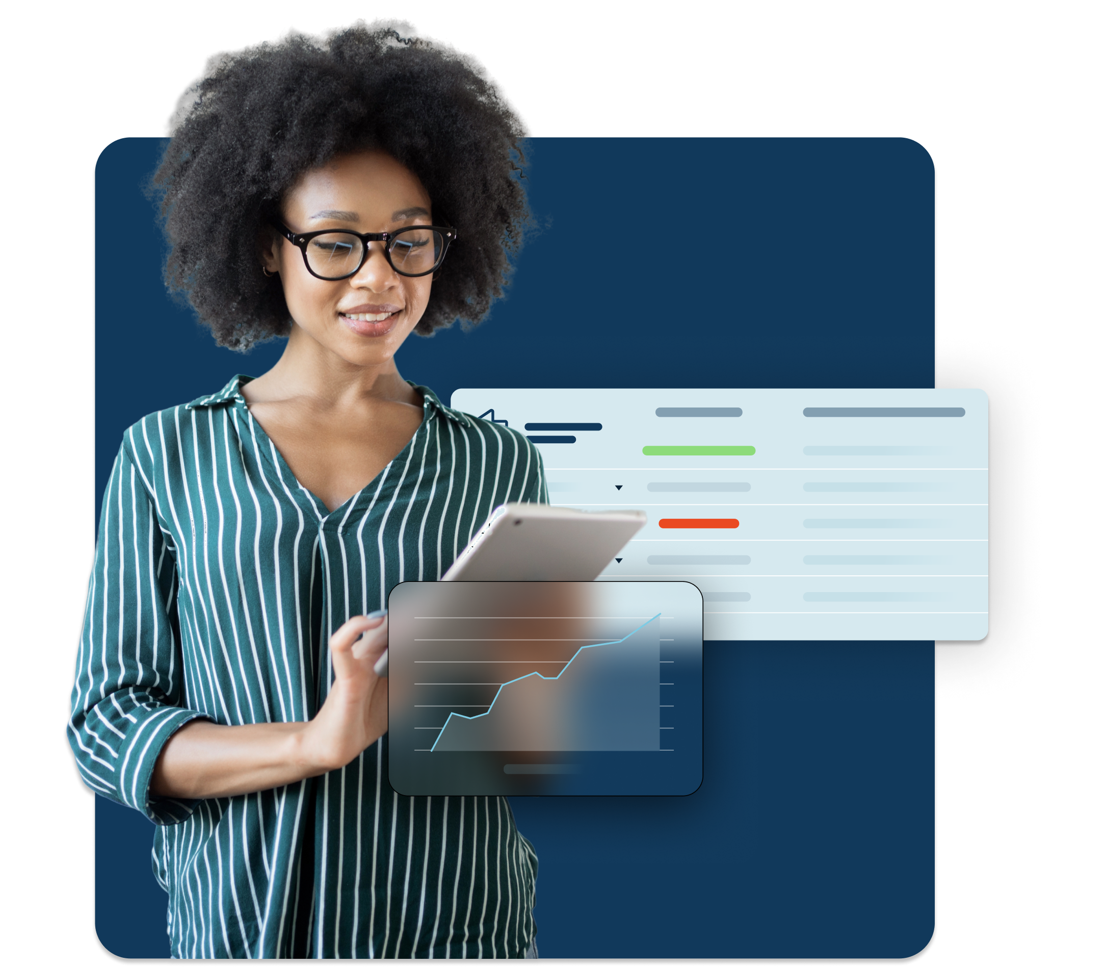 A professional woman in a striped collared shirt works on a tablet with an abstract spreadsheet floating behind her over a dark navy background. 