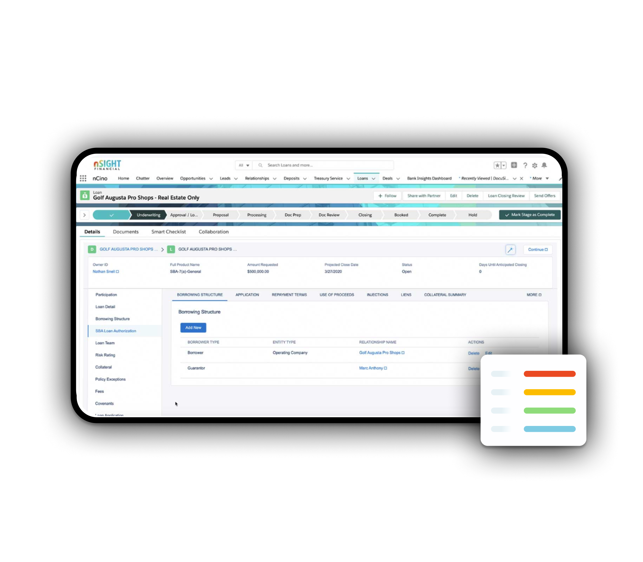 An abstract view of nCino's small business experience that shows data overlaying the screen. 