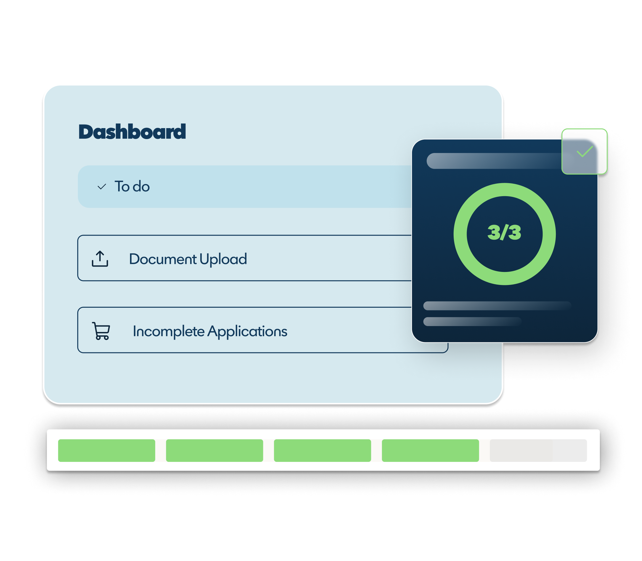 Data fields from a banking dashboard overlap each other over a bright green status tracker. 