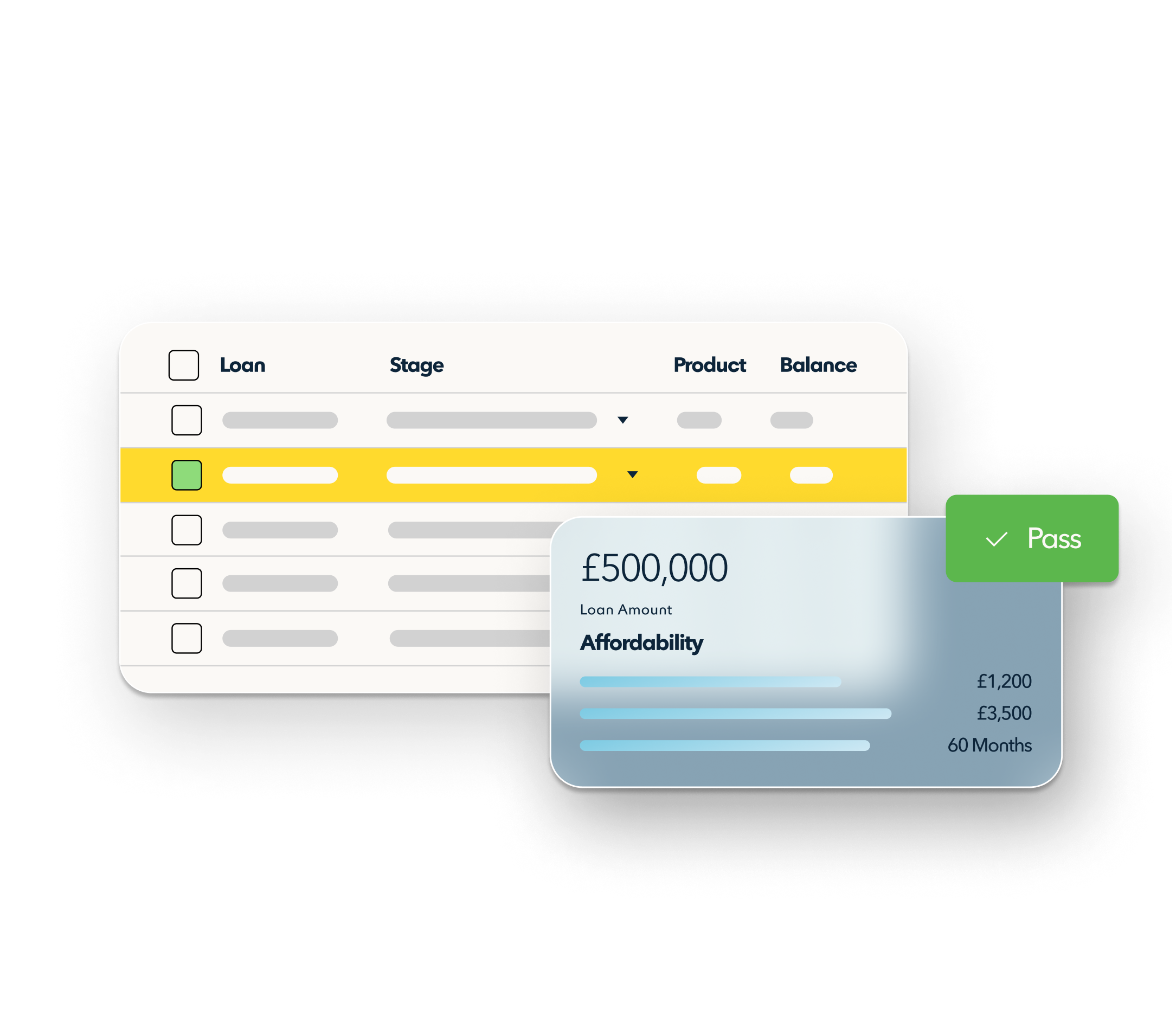 An abstracted mortgage loan screen floats over a clear background. 