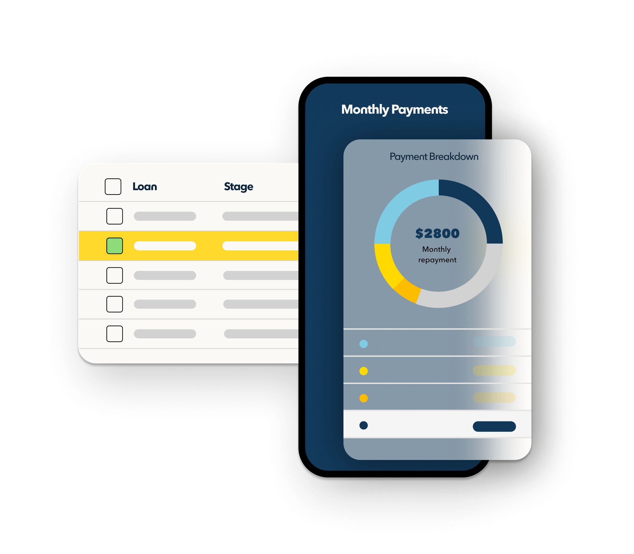 An abstracted phone graphic with generalized mortgage lending software and graphs float over a transparent background. 