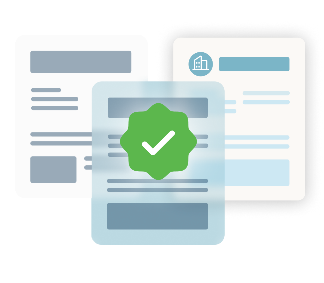 Three overlapping screens of general data with a secured checkmark icon that appears in front of them.