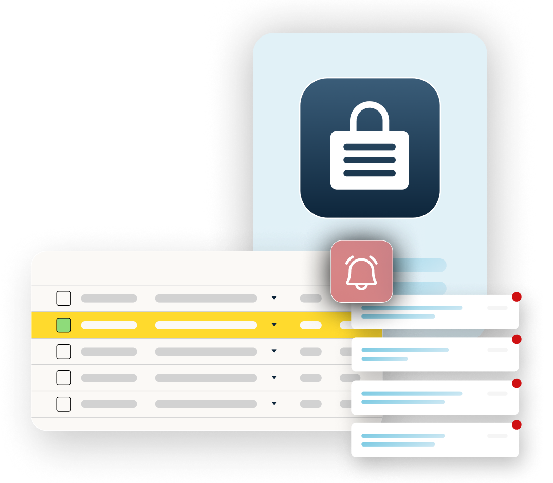 Locked icon hovers over data fields on a spreadsheet and an alert symbol. 