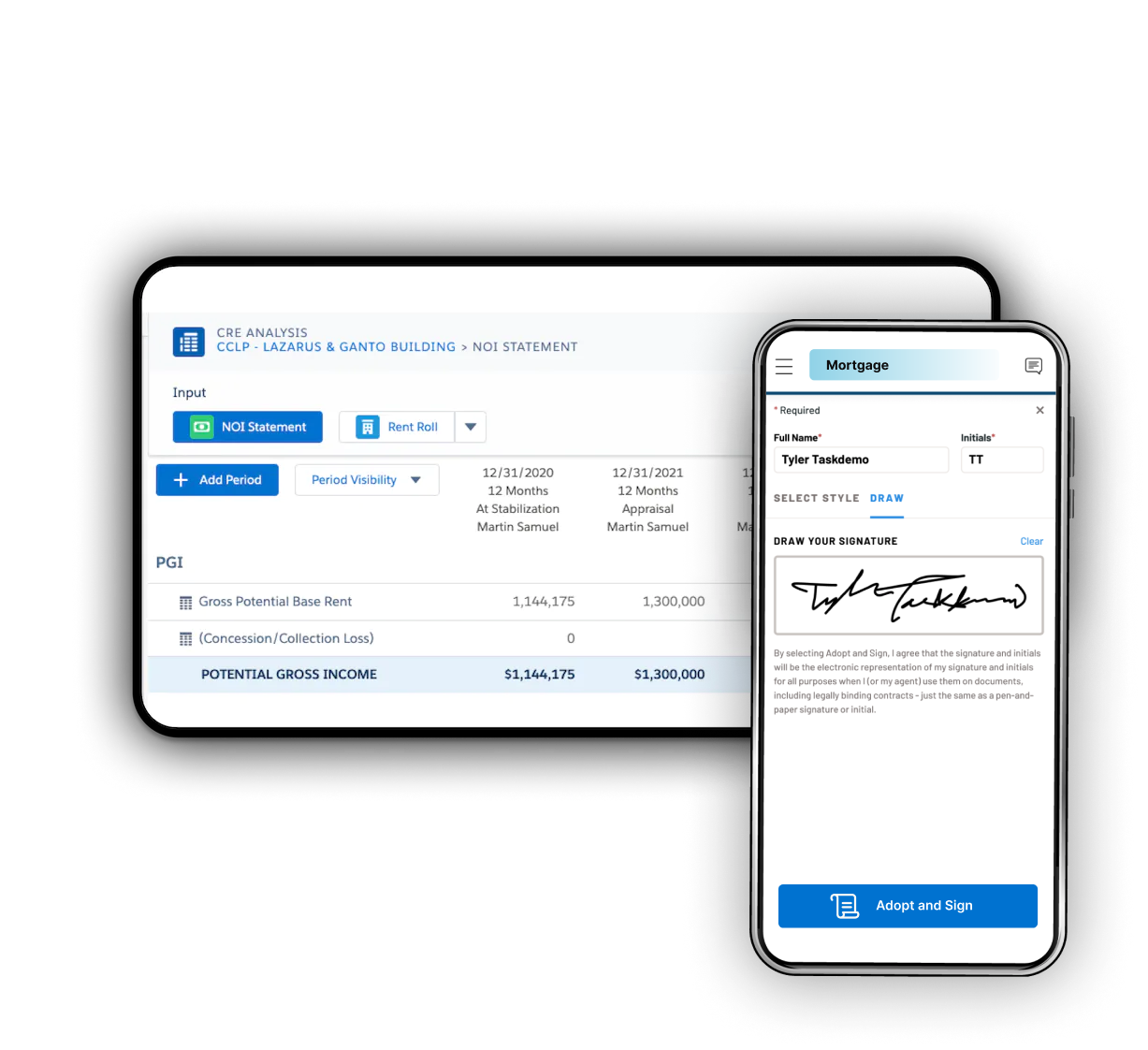 An abstract customer dashboard shows nCino's commercial mortgage lending software UI. 